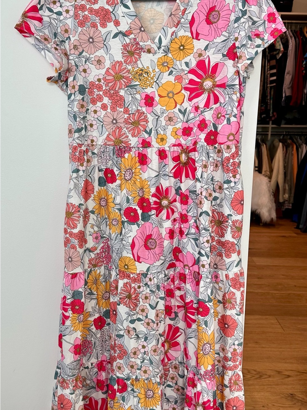 Floral V-Neck Tiered Maxi Dress - Pink, Yellow & Coral